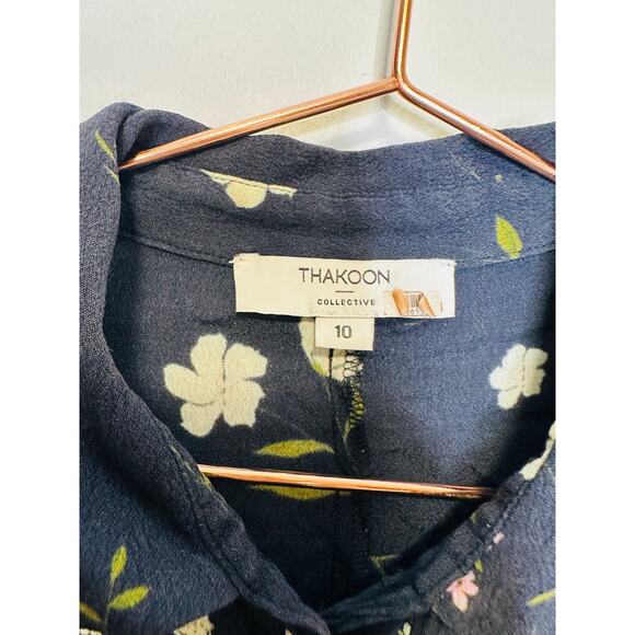 THAKOON COLLECTIVE Black Floral Print Tie Waist Collar Button Front Jumpsuit 10 - Picture 11 of 12